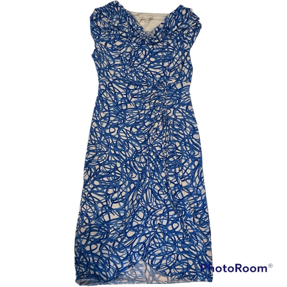 Maggy London blue white abstract print ruched front midi dress - Picture 2 of 9